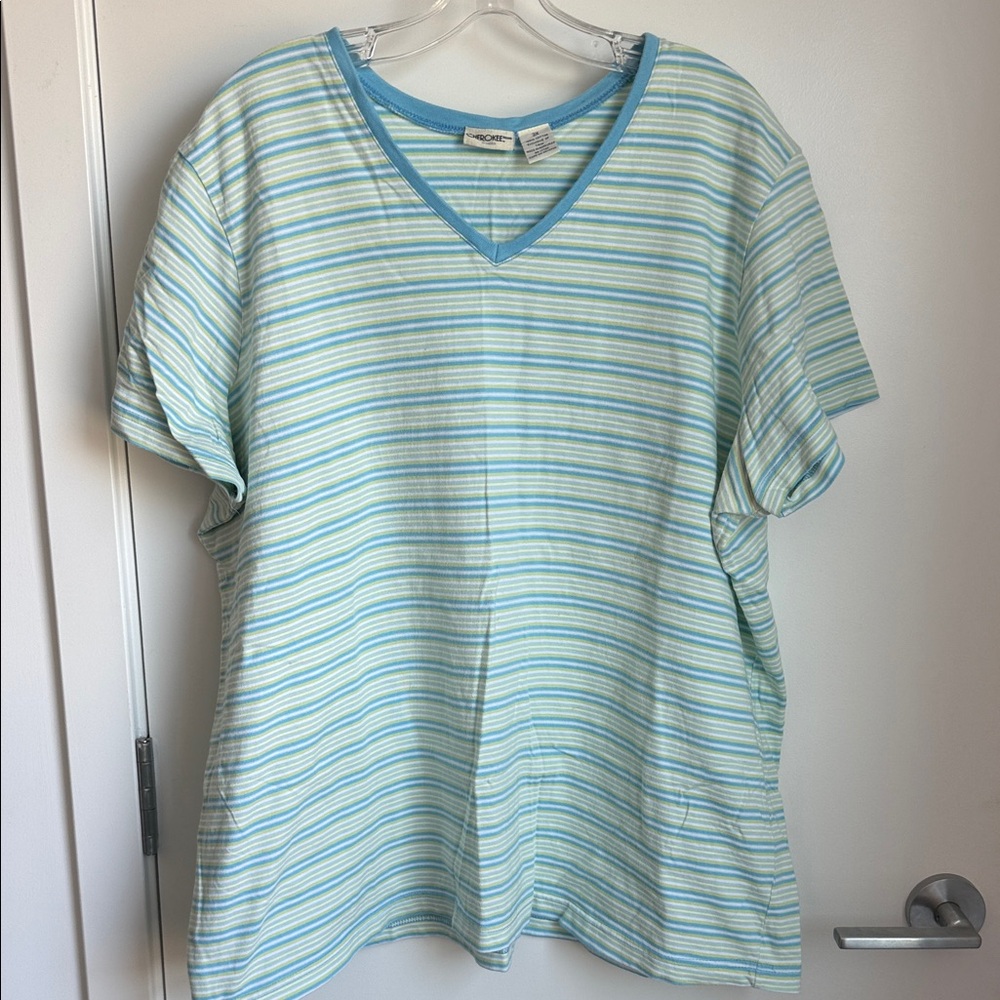 Cherokee Striped V-Neck Tee in Blue and Mint